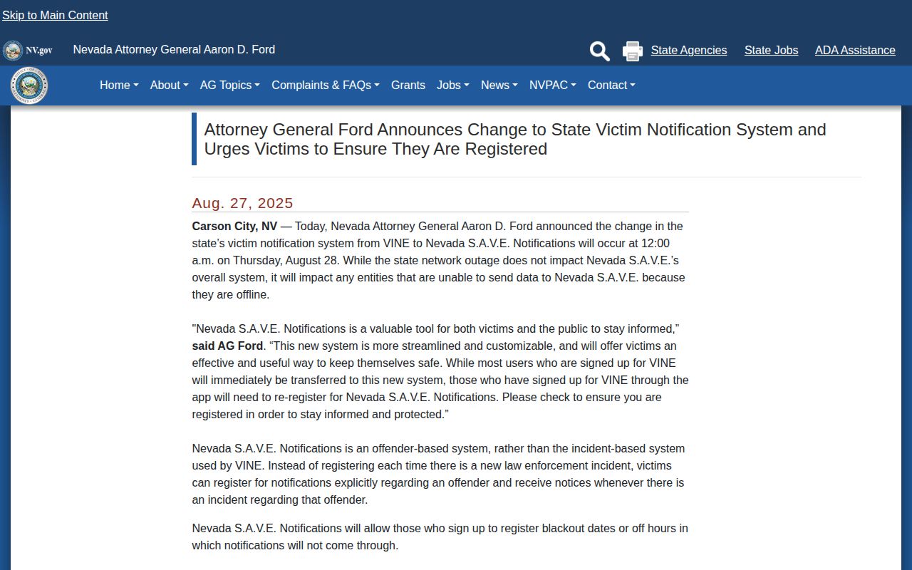 Churchill County release alert transition from VINE to Nevada SAVE