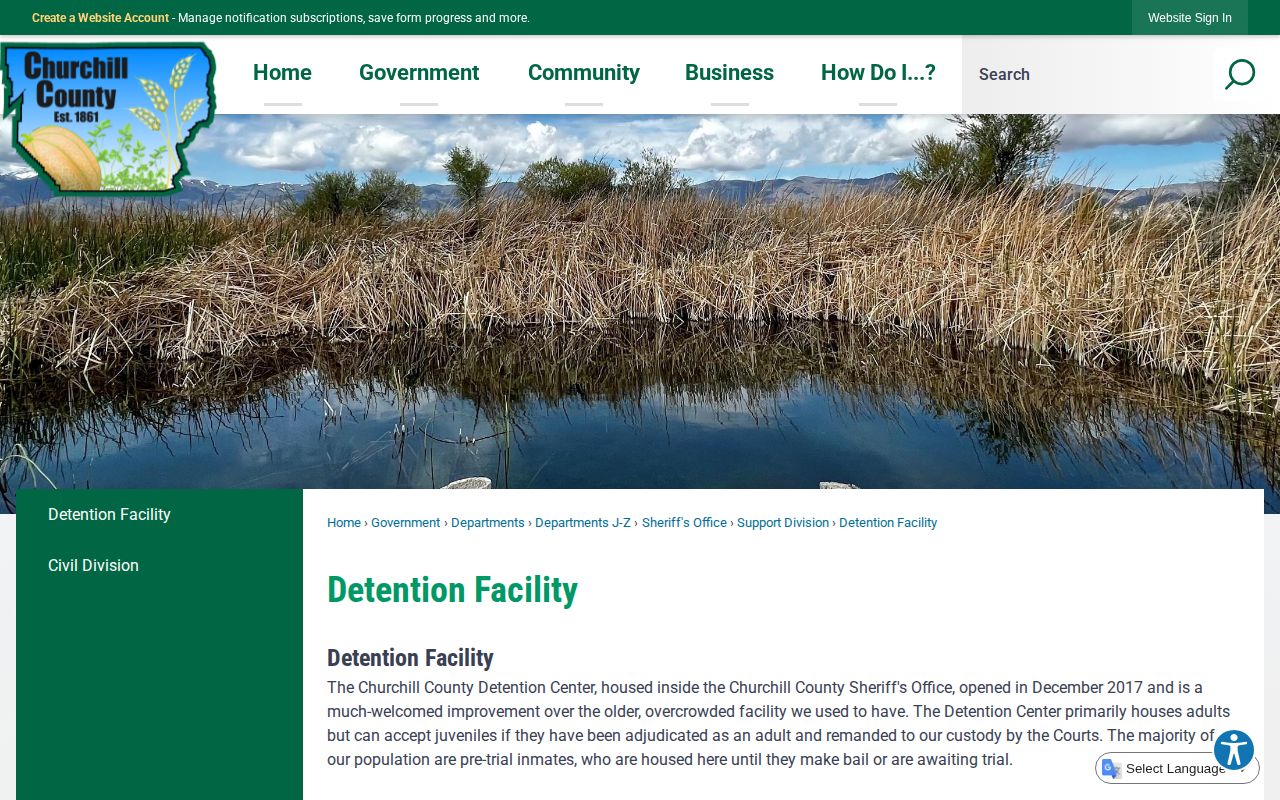 Official Churchill County Detention Center page describing the adult Fallon jail