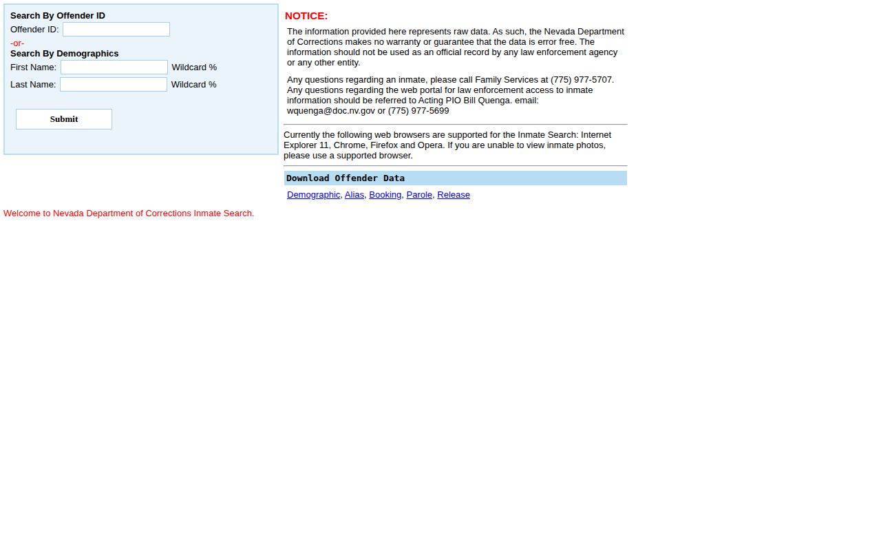 Nevada Department of Corrections offender search page used after a Churchill County transfer