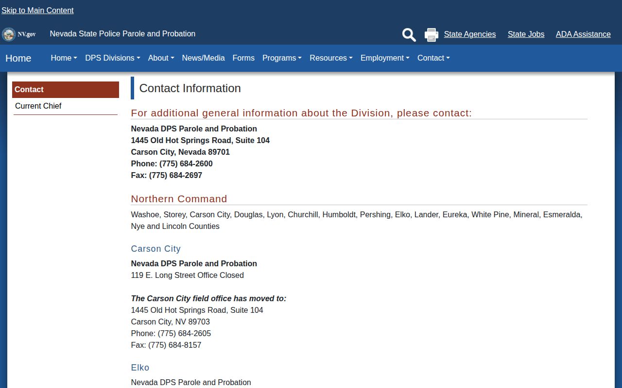Churchill County parole and probation Northern Command contact information