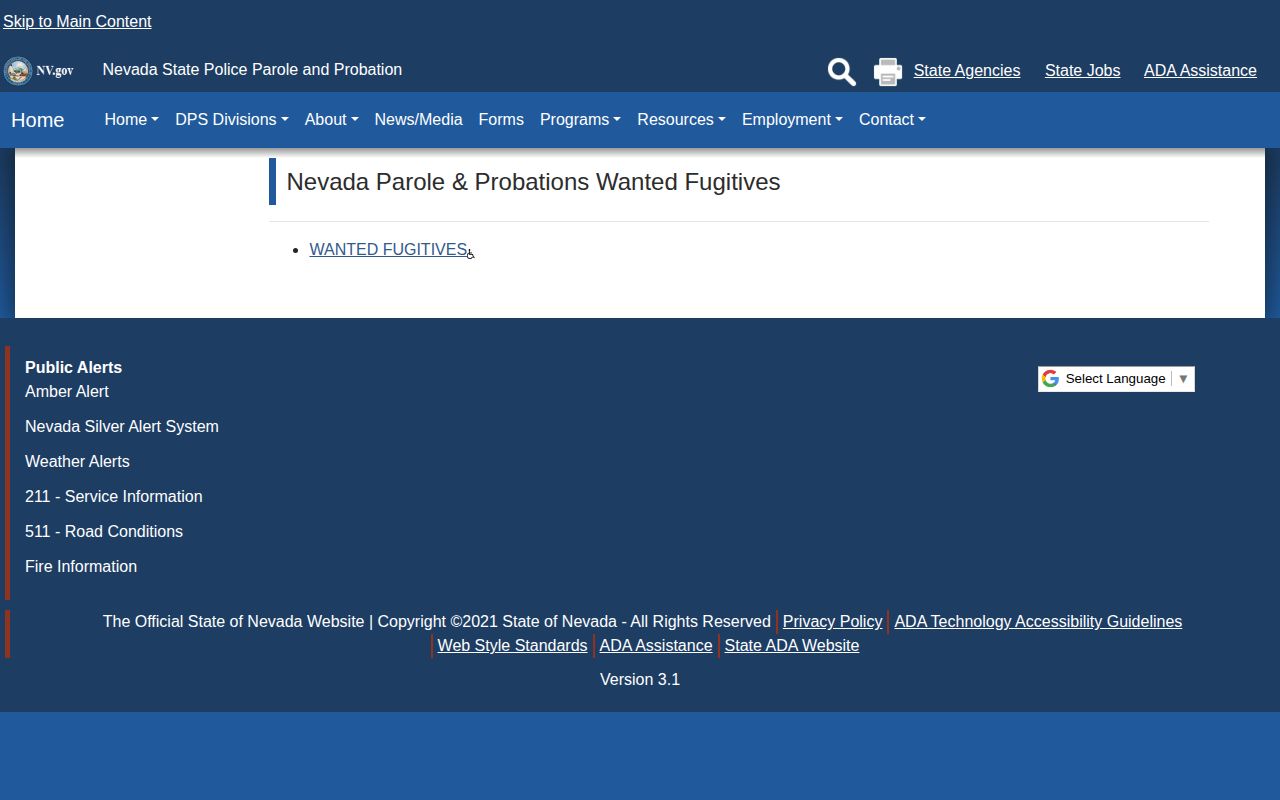 Churchill County parole and probation wanted fugitives information