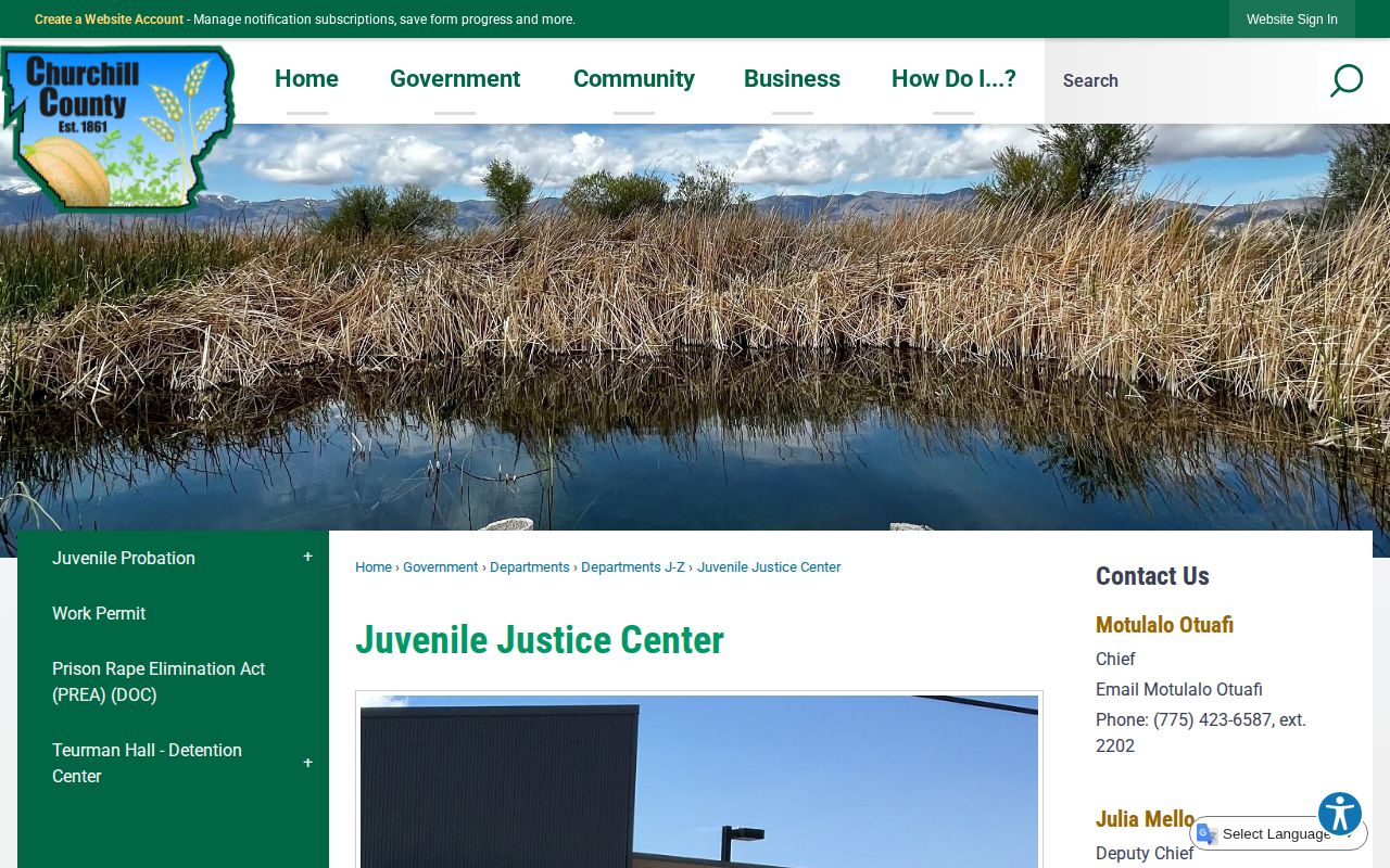 Churchill County Juvenile Justice Center page identifying Teurman Hall