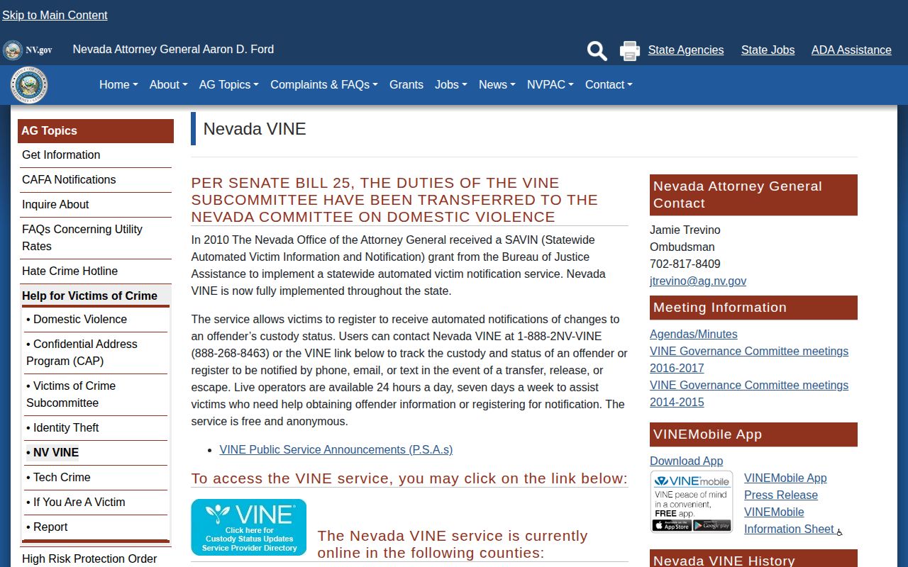 Churchill County VINELink release check legacy Nevada VINE information